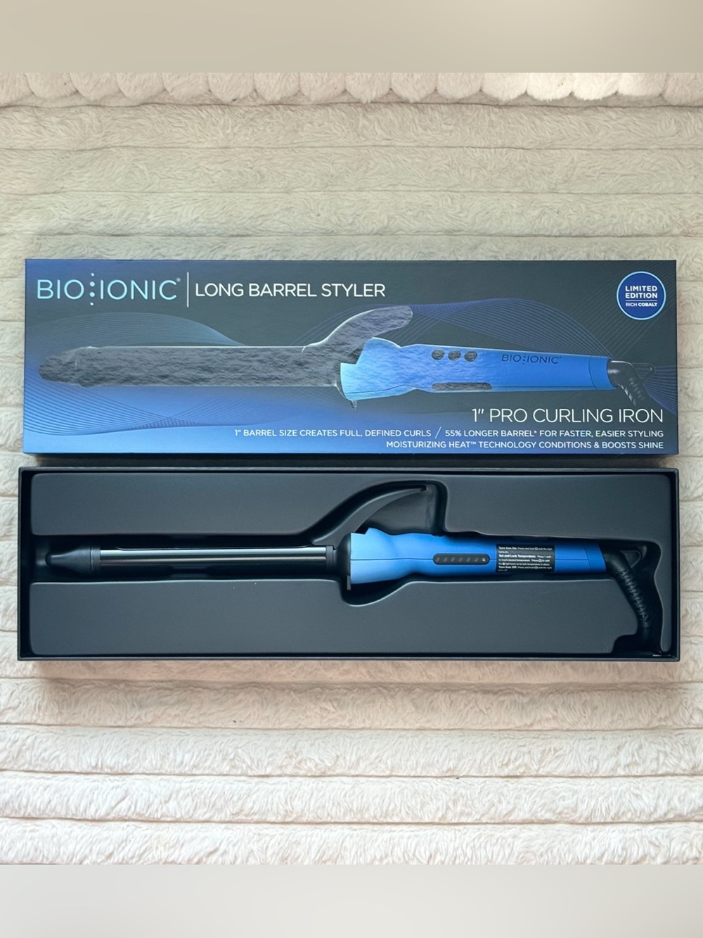 Bio Ionic Long Barrel Styler 1” Pro Curling Iron Rich Cobalt Limited Edition NEW